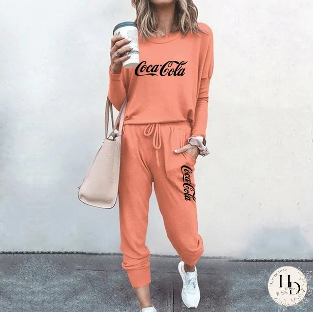 Spring and Autumn Women Jogging Suits Coca Cola Fashion Printed Two Pieces Sports Tops
