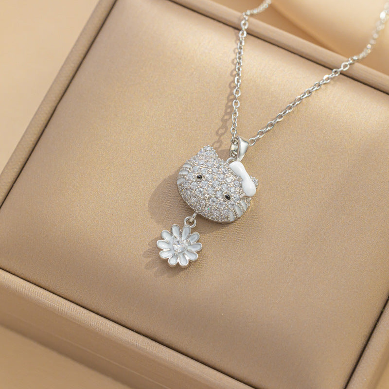 Design Kt Cat Pendant Necklace Micro Inlaid Zircon Copper Plated 18 Gold All-Match Clavicle Chain