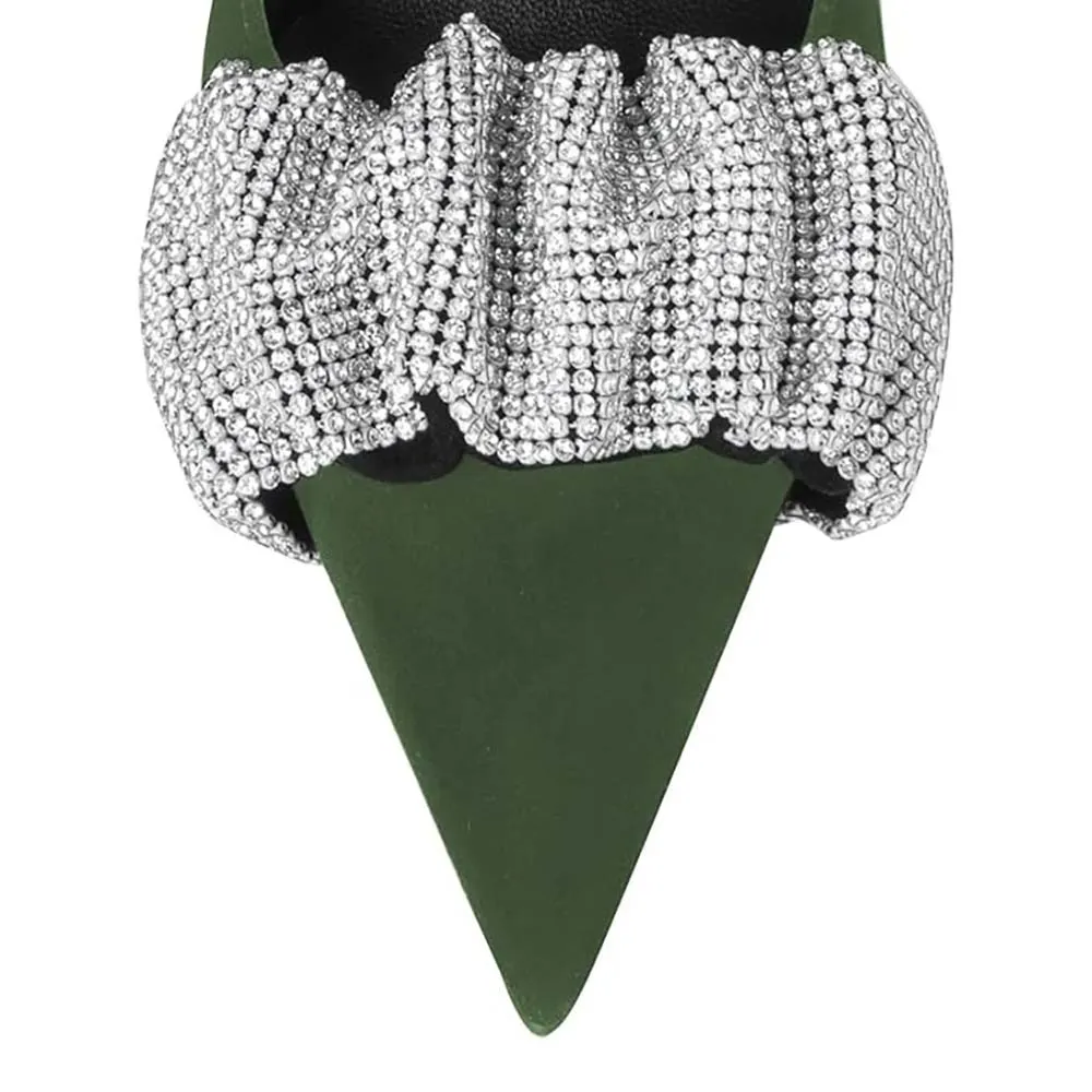 Green Vegan Suede Pointed Toe Rhinestone Decor Pumps for Women