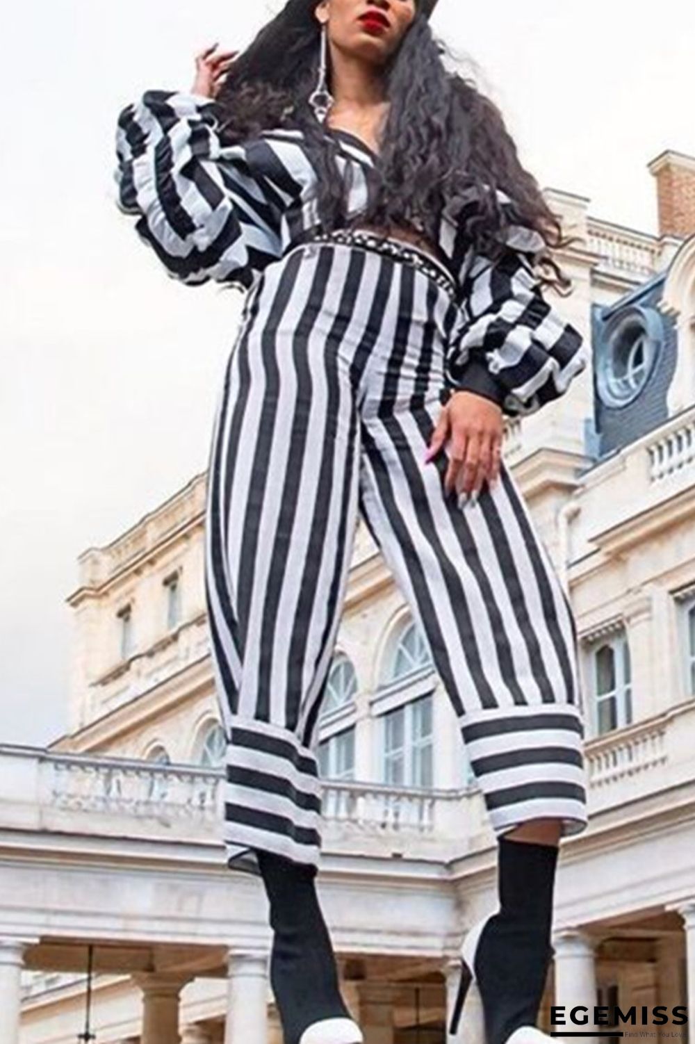 Black and white Fashion Casual Striped Print Basic Zipper Collar Two Pieces | EGEMISS