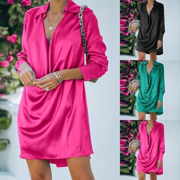 Women Casual Loose Mini Shirt Dress Fashion Silk Stain Long Sleeve Lapel Cowlneck Party Short Dresses Plus S-5XL - BlackFridayBuys