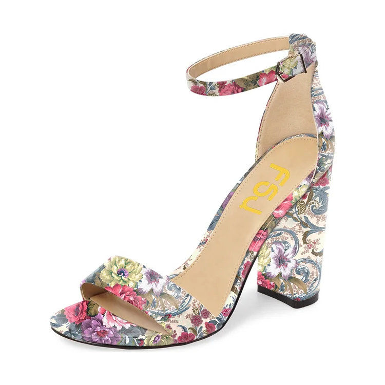 FSJ Floral Print Prom Heels Open Toe Ankle Strap Sandals for Women |FSJ Shoes