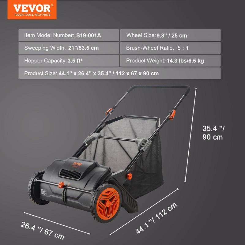 Product Introduction of VEVOR Push Lawn Sweeper, Various specifications, Leaf & Grass Collector, Strong Rubber Wheels & Heavy Duty Thickened Steel Durable to Use with Large Capacity. Mesh Collection Hopper Bag, Spinning Brushes 16