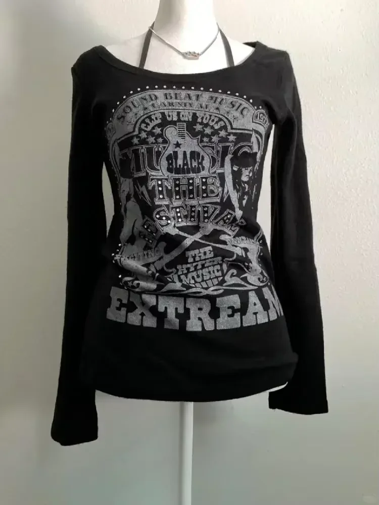 Aonga Vintage Gothic T-shirts Women Y2k Black Punk Graphic T-shirt Grunge Retro Sexy V-neck Cotton Tees Aesthetic Harajuku Tops New aonga