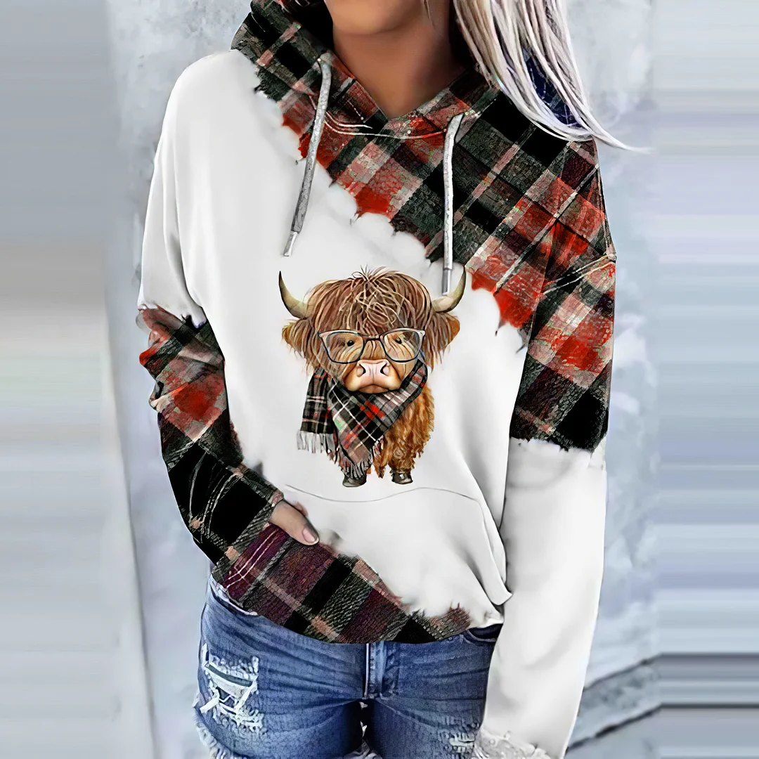 Women's Plaid Scarf Highland Cow Print Casual Hoodie