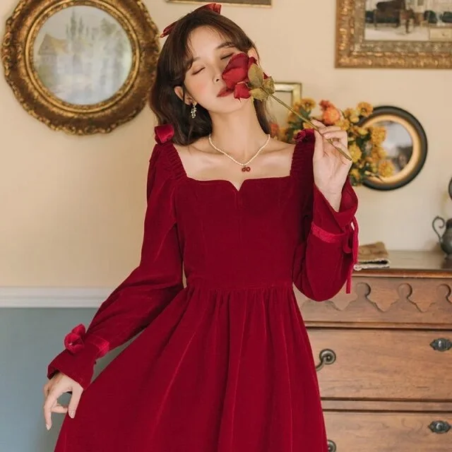 Vintage Red Long Sleeve French Square Collar Princess Dress SP18058