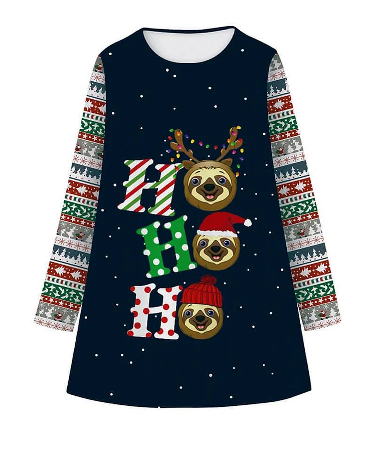Mayoulove Girls Christmas Puppy Fair Isle Print Long Sleeve Dress Dark Blue-Mayoulove