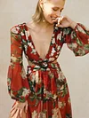 Floral-Print Bandage Puff Sleeves Asymmetric Bohemian Maxi Dress