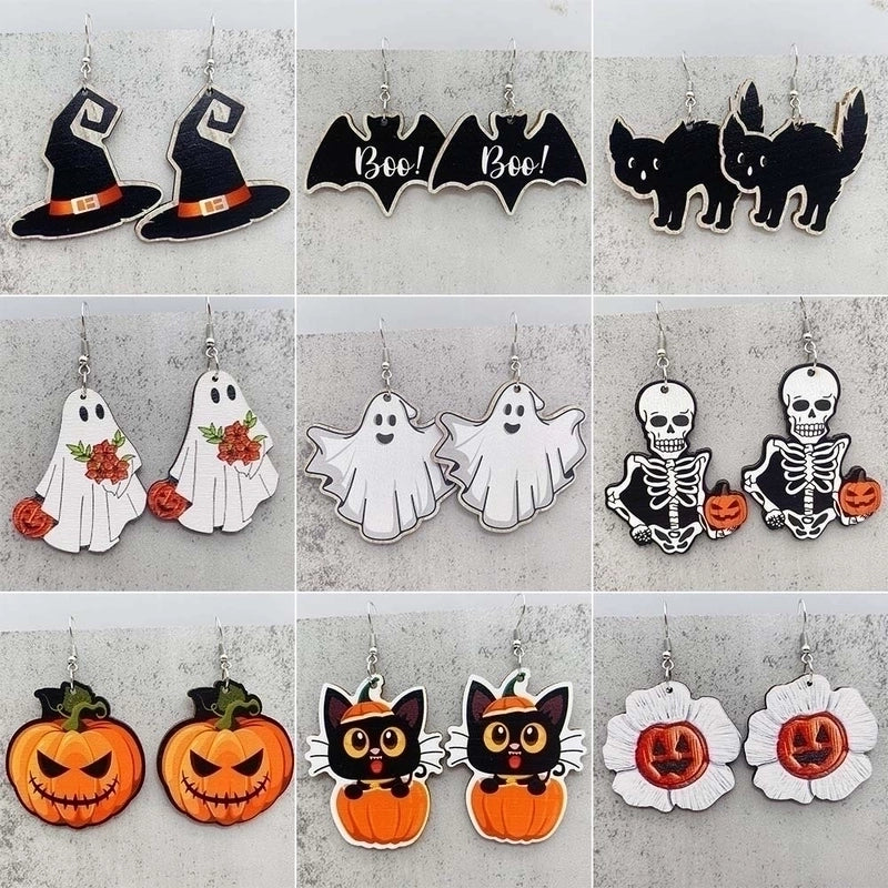 Funny Streetwear Halloween Pattern Spider Wood Drop Earrings