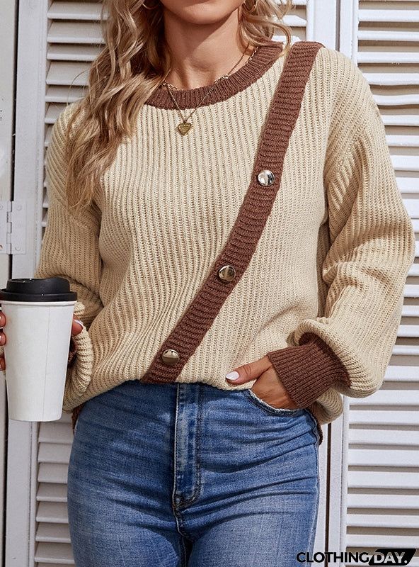 COLOR BUTTON CREW NECK PULLOVER LANTERN SLEEVE SWEATER