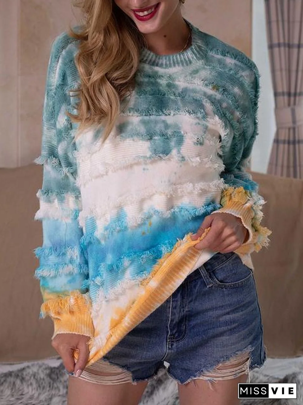 Tie-Dye Print Fringe Cozy Sweater