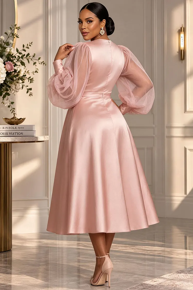 Xpluswear Design Plus Size Wedding Guest Organza Pink Round Neck