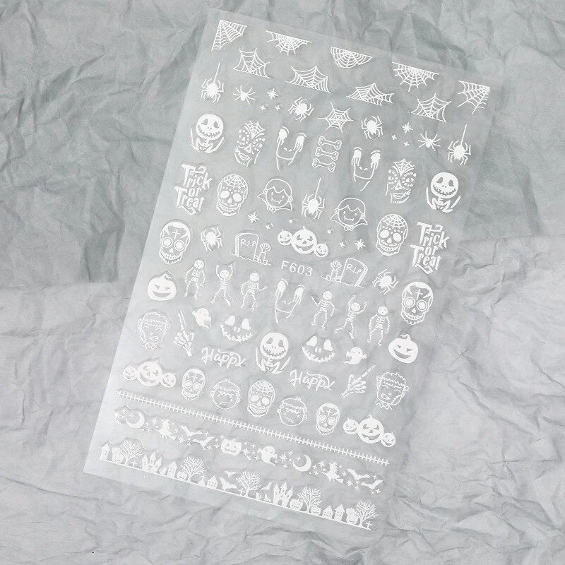 Halloween Nail Art Stickers Laser Black and White Skull Bat Spider Web Pumpkin Sticker Designer 3D Manicure Art Decals 9*16CM