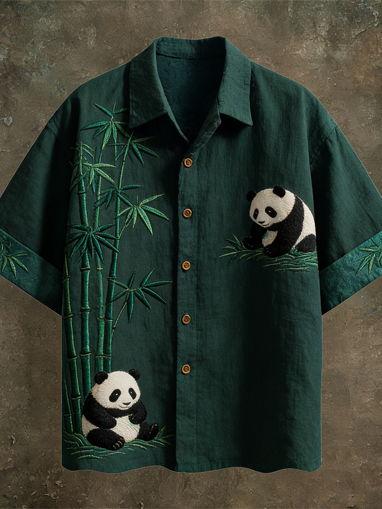 Vintage Panda & Bamboo Pattern Linen Short Sleeve Shirt  artssus