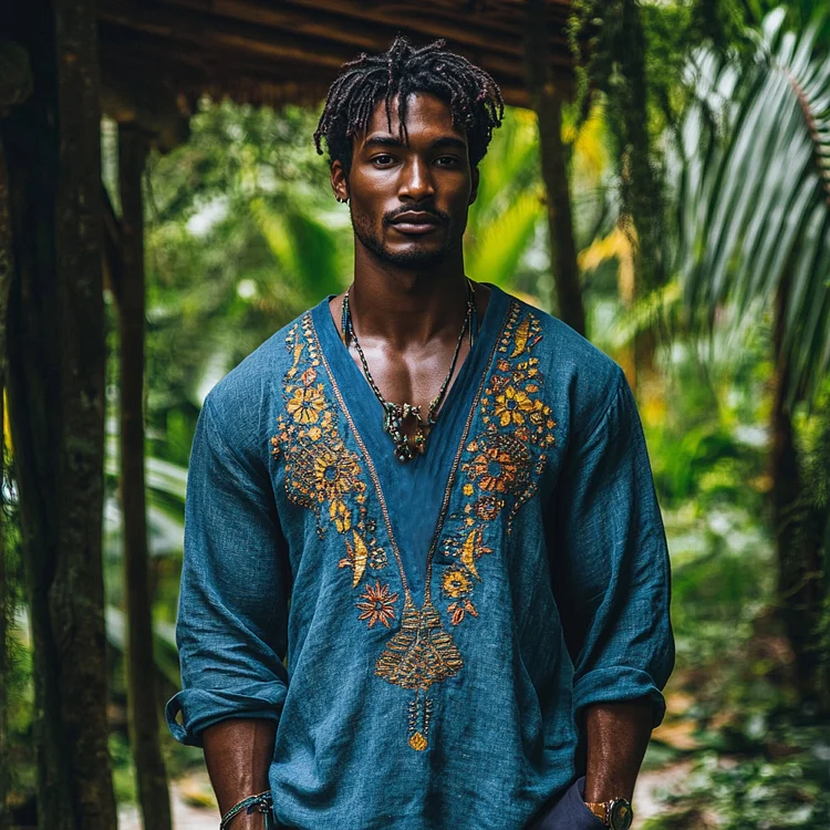 Simpfit Herren-T-Shirt aus Nachahmung aus Baumwolle und Leinen mit afrikanischer ethnischer geometrischer Kunstdruck-Drucken