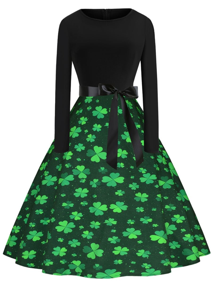 1950s Dresses Round Neck Long Sleeve Four-leaf Clover Print Bowknot Swing Dress