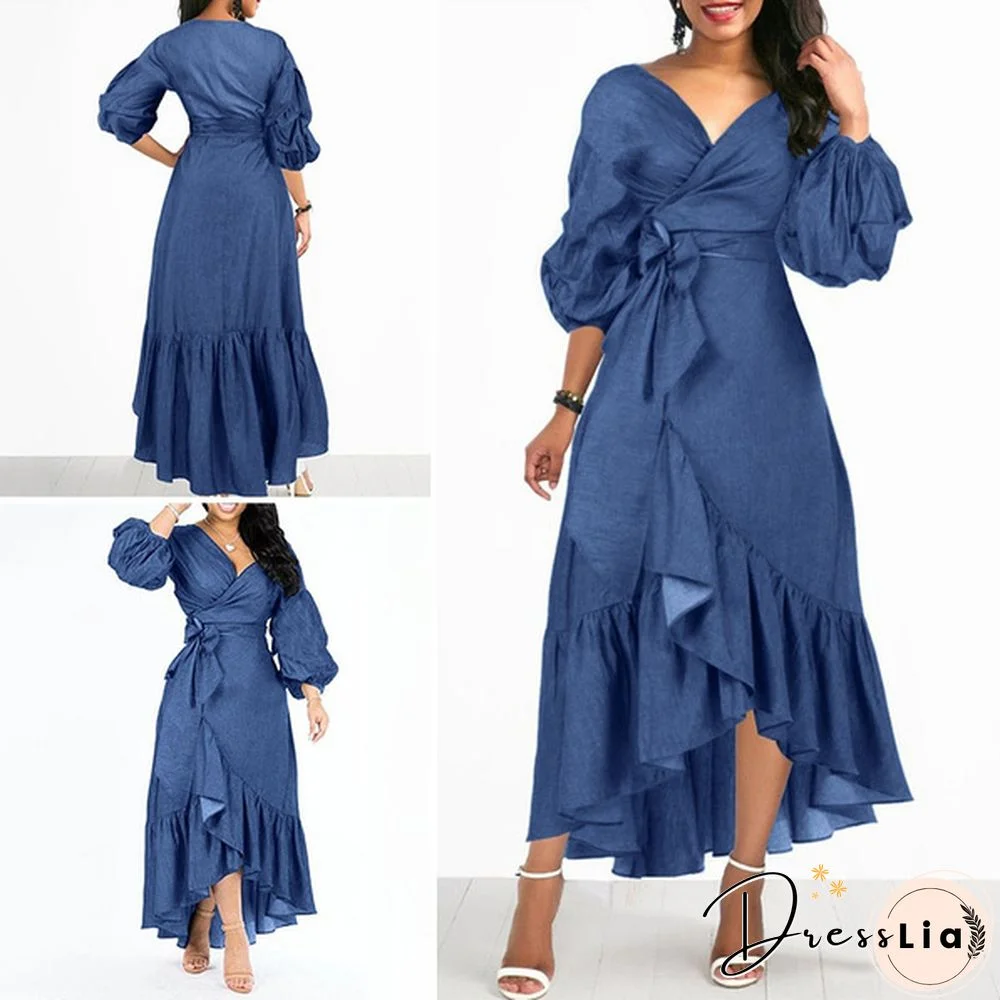 Women's Fashion Puff Sleeve Deep V Neck Tunic Denim Ruffled Dress Irregular Hem Elegant Party Long Dresses Vestidos S-5XL