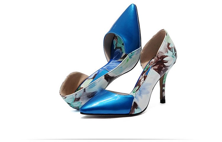Blue Floral Heels Pointy Toe Stiletto Heels D'orsay Pumps |FSJ Shoes