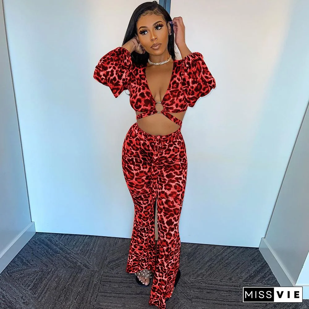 Sexy Leopard Print Long Sleeve V Neck Bandage Crop Top Long Pant Women Streetwear Two Piece Set