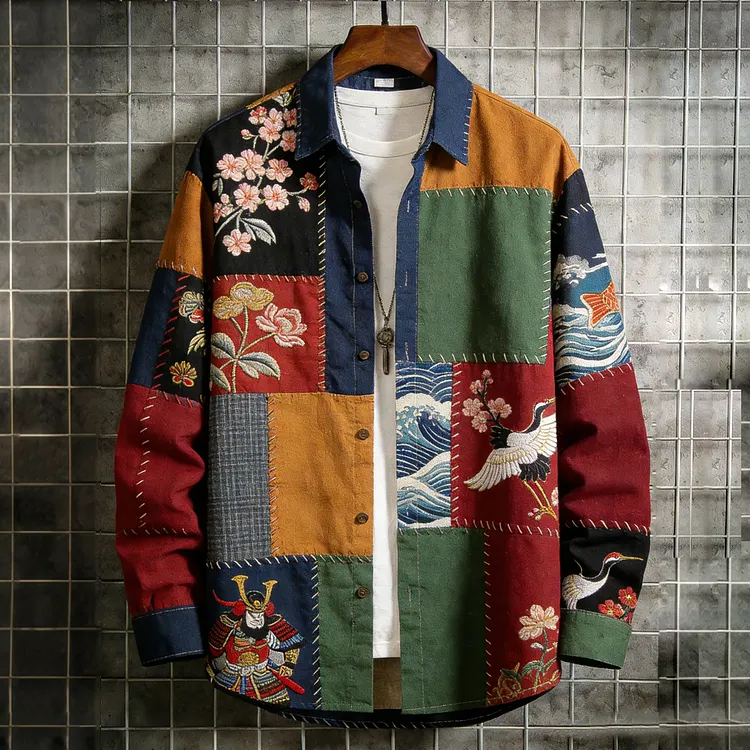 Men's Japanese Art Red-crowned Crane Sakura Patchwork Print Long Sleeve Shirt