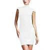 High Neck Wetlook Bodycon Mini Dress Women Short Sleeve Turtleneck Slim PVC Dress Ladies Full Zipper Dress Plus Size Clubwear