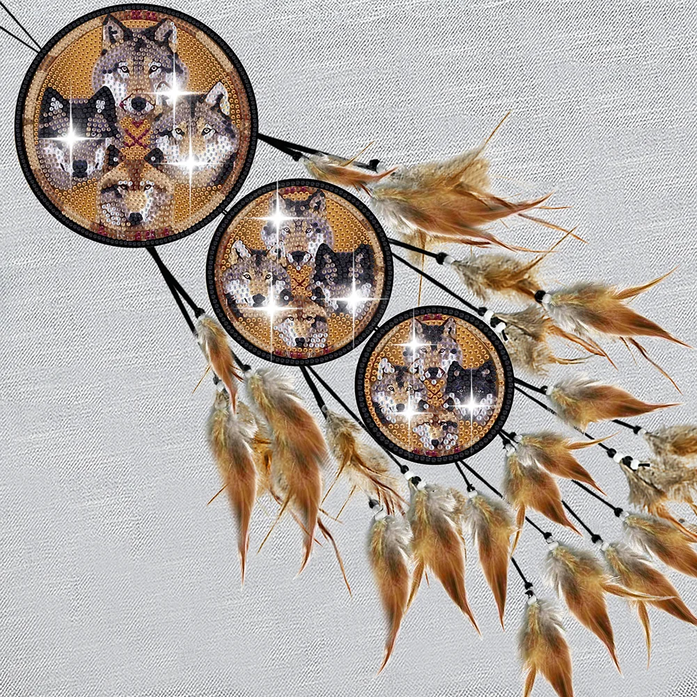 DIY Wolf Feather Wind Chime Diamond Art Hanging Pendant for Home Window Decor