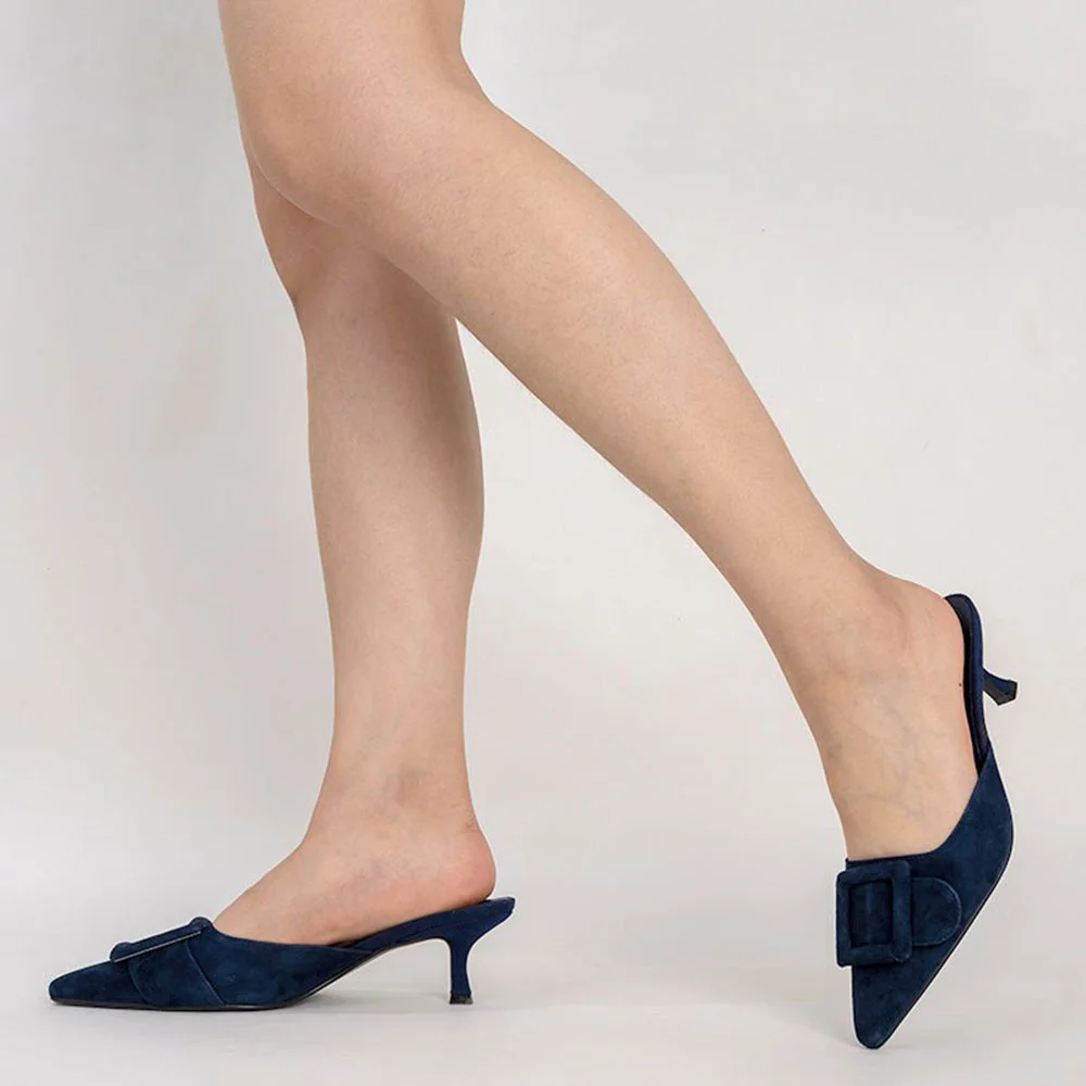 Simple Navy Pointed Toe Buckle Decor Kitten Heel Mules for Women