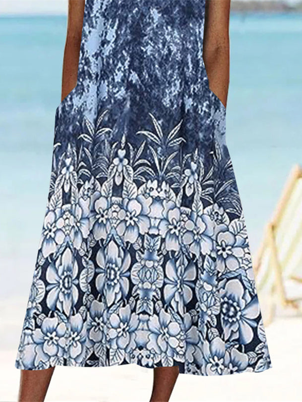 Women's Short Sleeve Scoop Neck Graphic Floral Printed Midi Dress