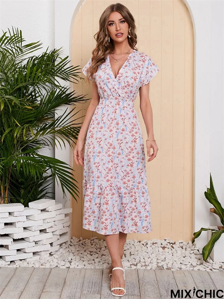 Chiffon Printed One Sleeve Large Swing Holiday Beach Dress