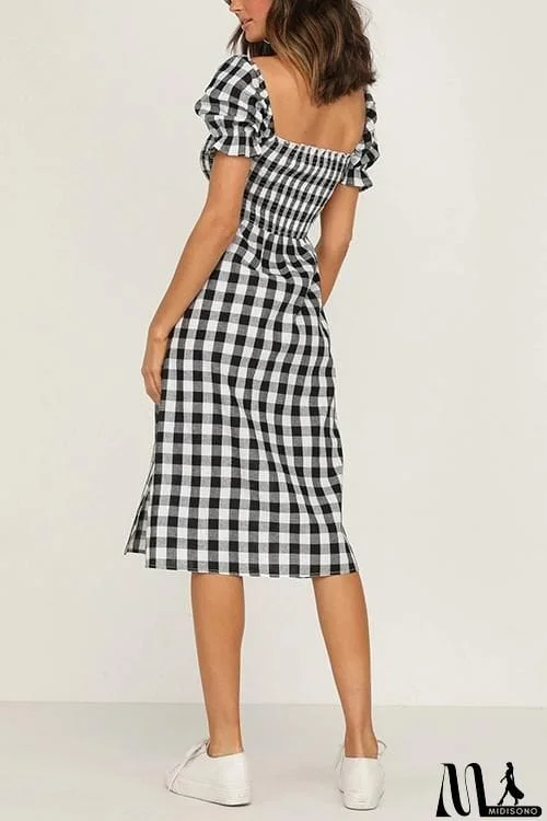 MidiSono - Plaid Square Neck Slit Dress