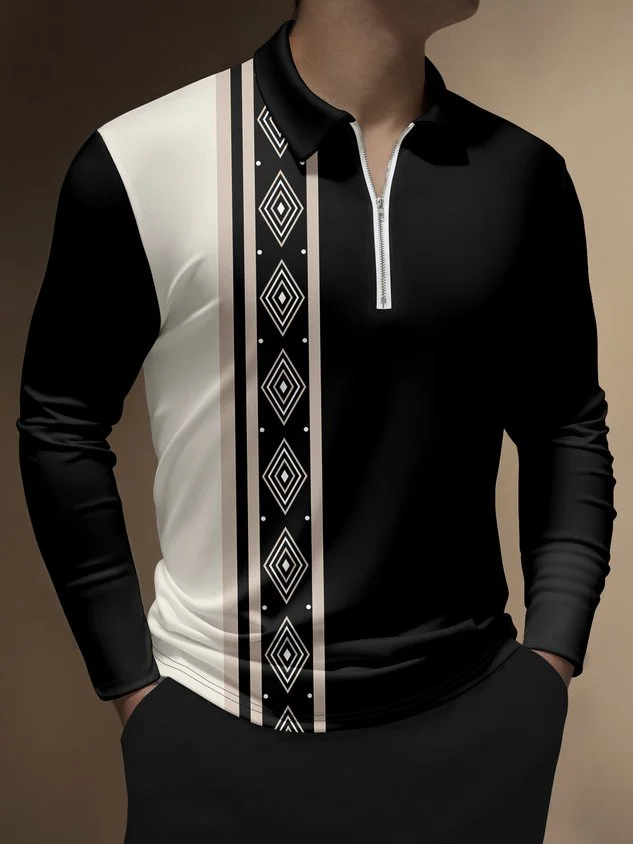 Casual Art Stripe Geometric Colorblock Lapel Zip Long Sleeve Print Polo Shirt