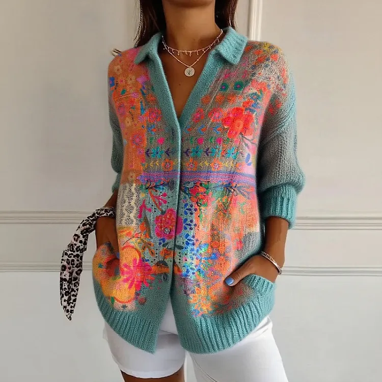 Vintage Flower Art Print Buttoned Cardigan Sweater