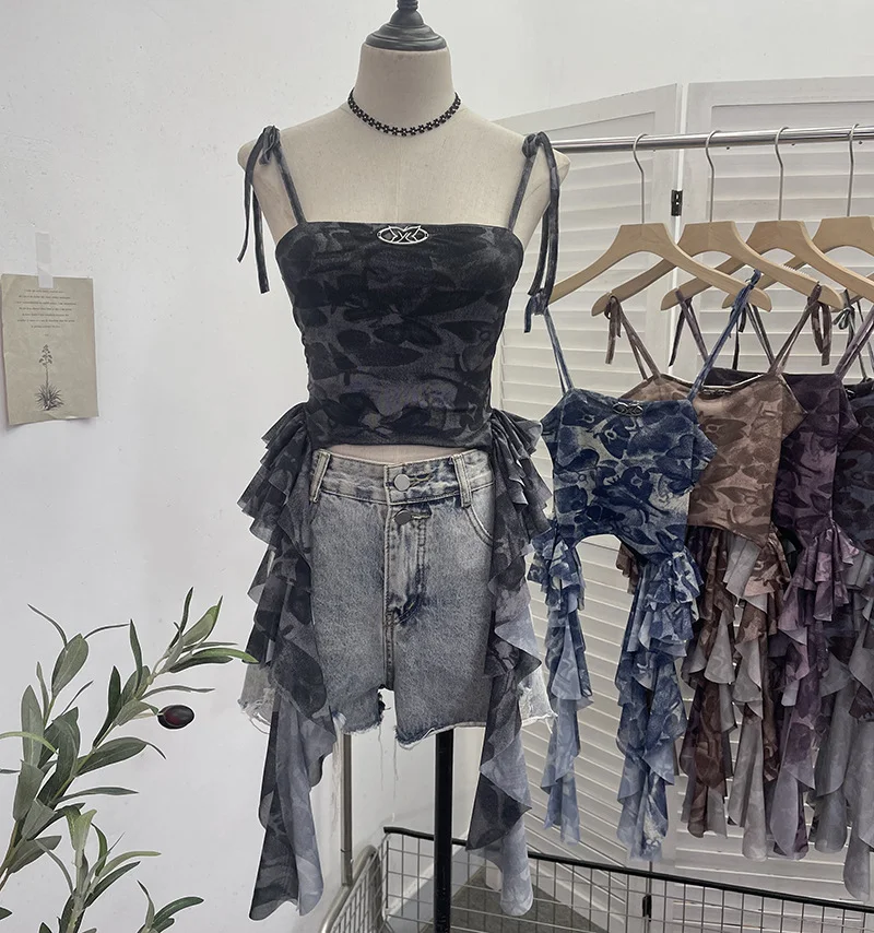 Uveng Real Shooting 2024 New Niche Babes Print Sling Vest Hem With Lotus Leaf Edge Sleeveless Top 6663