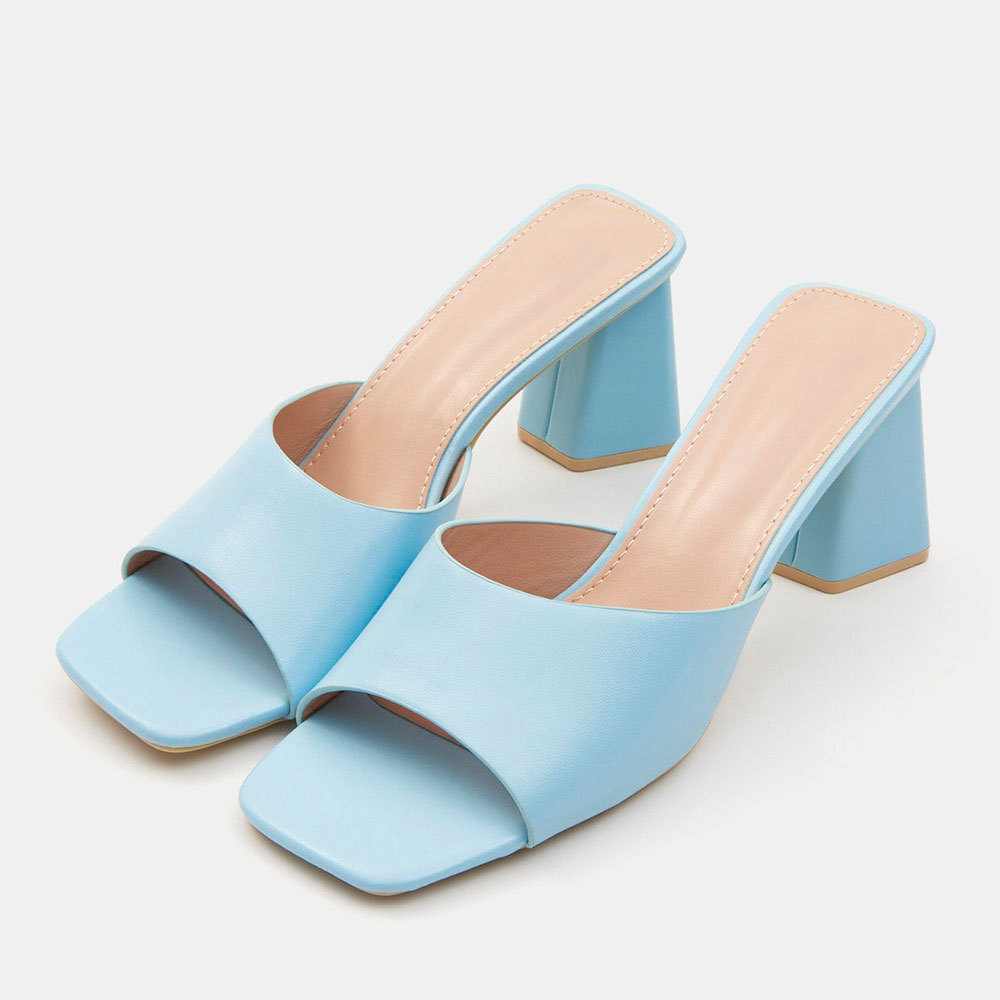 Light Blue Wide Strap Open Toe High Heel Slip On Mule Shoes for Women Nicepairs