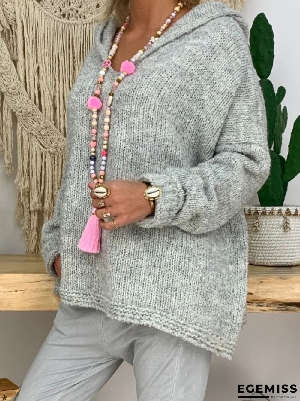 Casual Solid Shift Knitted Hoodie Sweater | EGEMISS