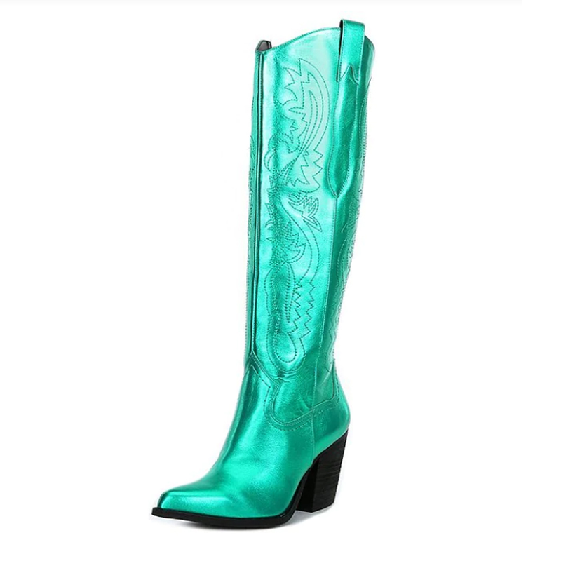 Women Pointed Toe Thick Heel Metallic Leather Western Cowboy Boots Bowknot Embroidery Knee-length Boot Botas Mujer