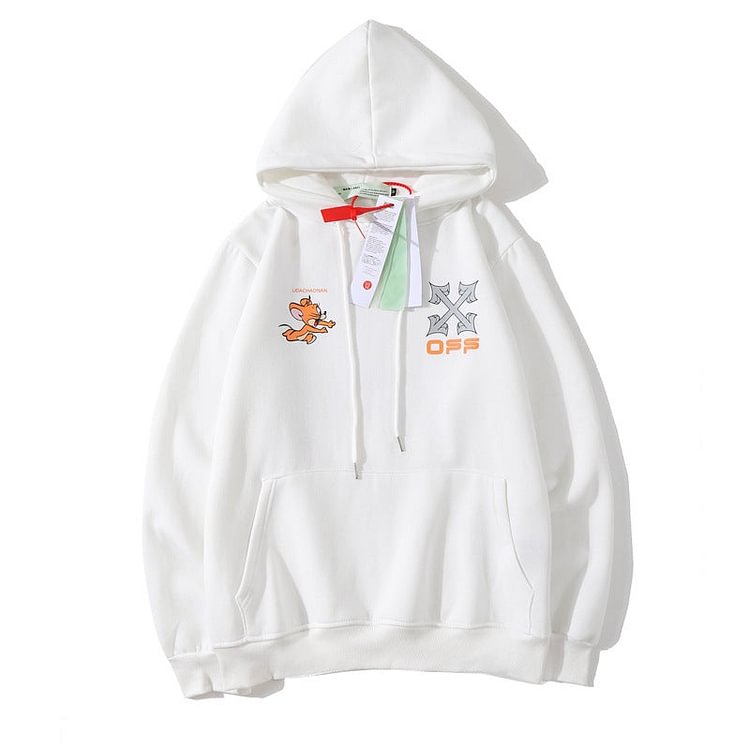 Off White Hoodie Cat and Mouse Print Loose Fleece-Lined Boys and Girls Couple Hooded Pullover