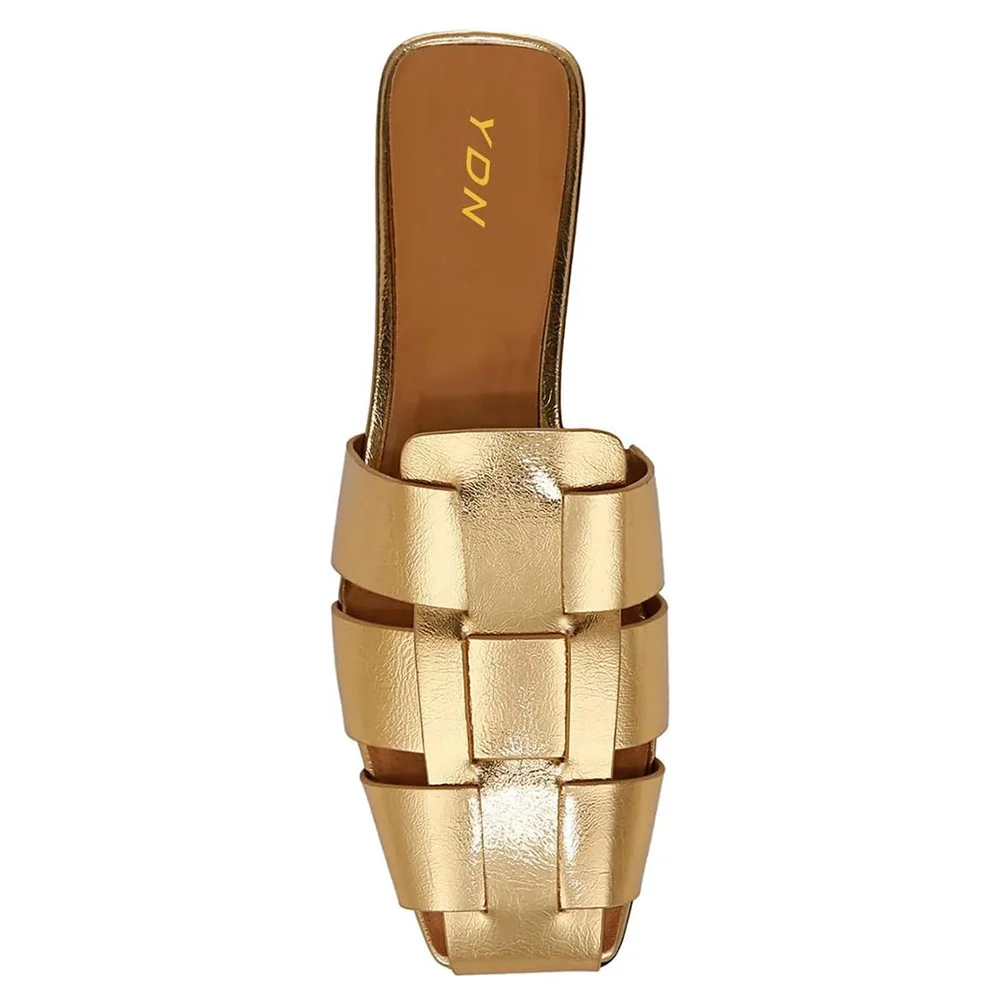Gold Metallic Finish Square Toe Woven Flat Mule Shoes for Women