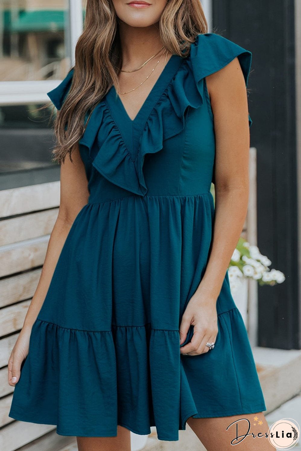 Blue V-Neck Tiered Ruffle Mini Dress with Smocked Back