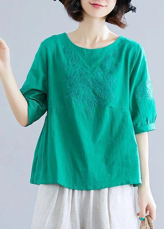 Natural o neck embroidery cotton clothes Outfits green blouses summer