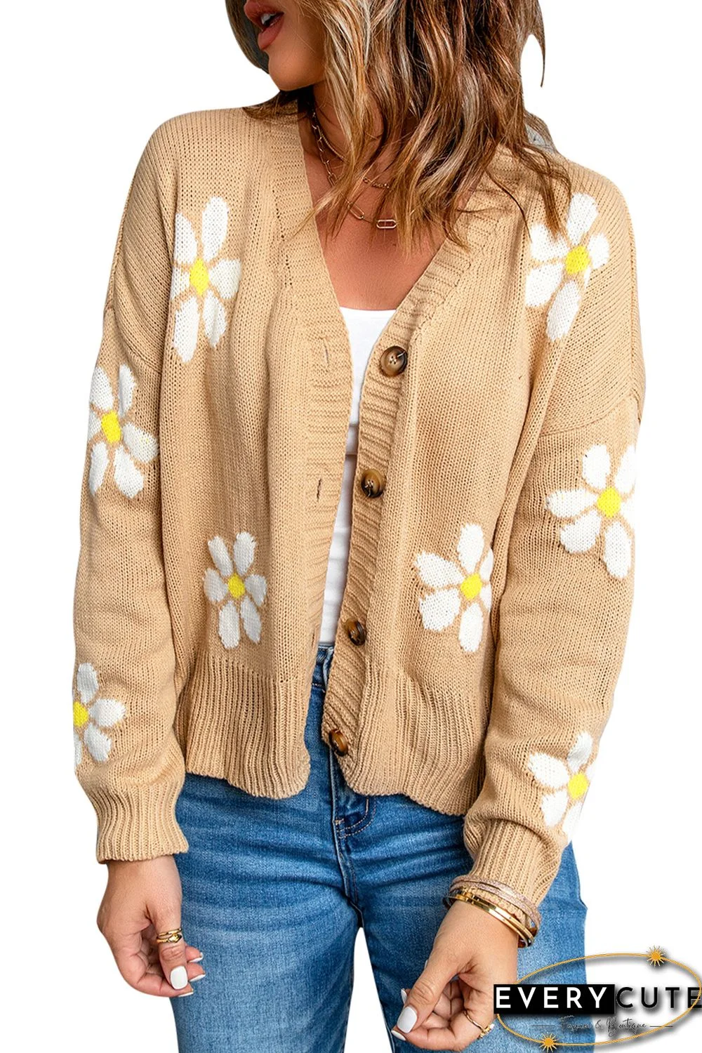 Khaki Daisy Pattern Knit Button Front Cardigan