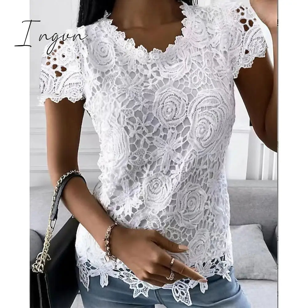 Ingvn - Women’s Shirt Blouse Black White Pink Plain Lace Short Sleeve Casual Basic Round Neck / S