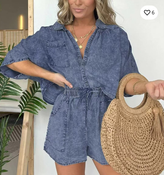 Mature Women 2pcs Loose Denim Suits Summer Casual Bat Sleeve Shirt And Drawstring Shorts Suits