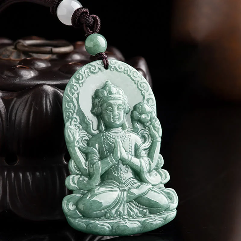 Four-armed Kwan Yin Avalokitesvara Natural Jade Abundance String Necklace Pendant