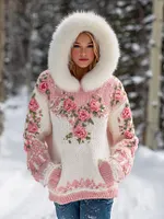 Women's  Bohemian Style Pink Rose Sequins Art Warm Hooded Knitted Sweater