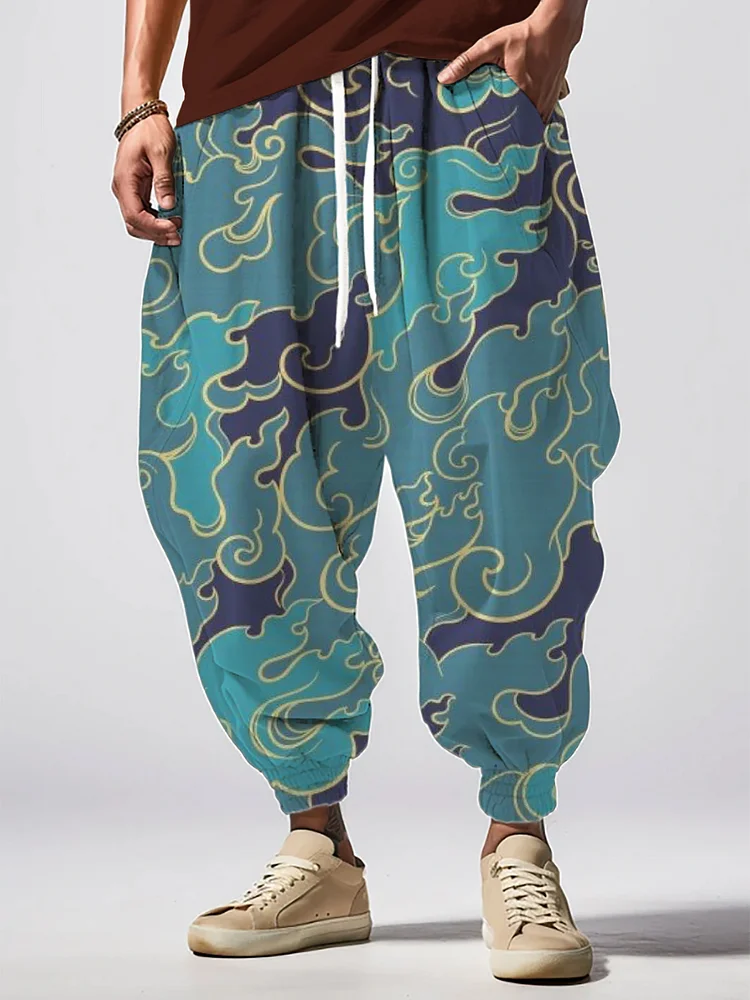 Men's Retro Cloud Pattern All Over Print Loose Drawstring Waist Sweatpants