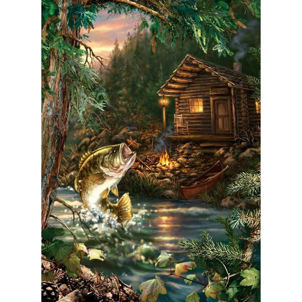 Wooden House River Fish - Full Round - Diamond Painting(40*50cm)