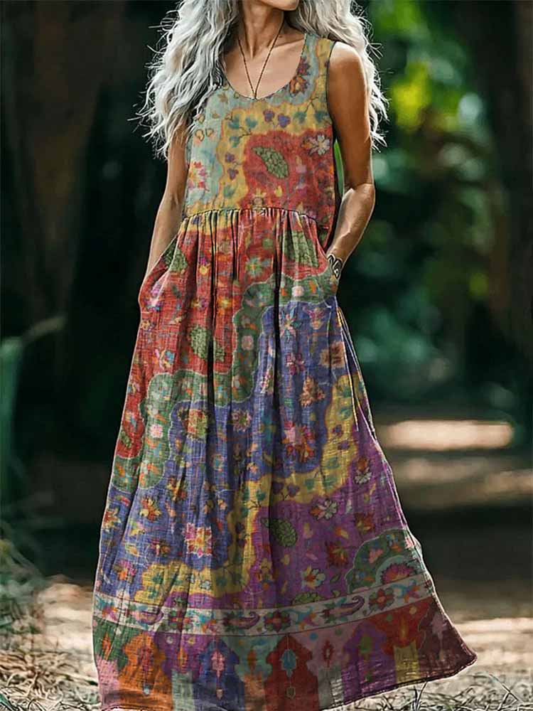 Retro Boho Floral Art Print V-Neck Sleeveless Maxi Dress main image 1