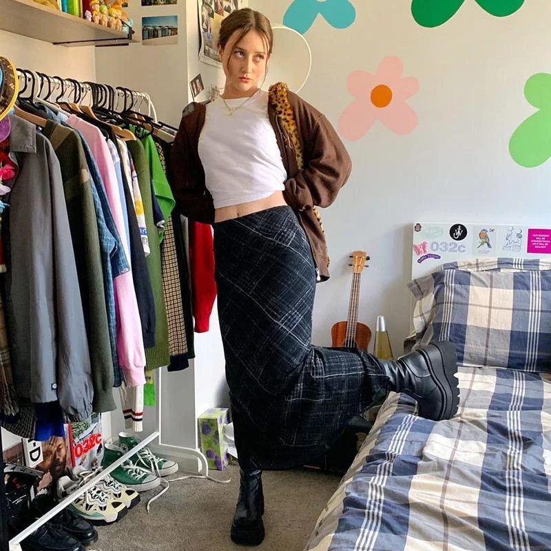 Vintage Plaid High Waist Skirt Women Skinny Mesh Short Skirt Double Layer Harajuku 90s Streetwear Summer 2022