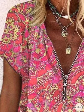 Printed Zipper V-neck Loose Short Sleeve T-shirts